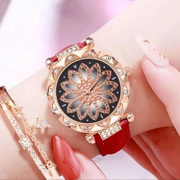 New Red Starry Sky Luxury Leather Strap Rose Gold Sapphire Bracelet Watch Set - Picture 5 of 16